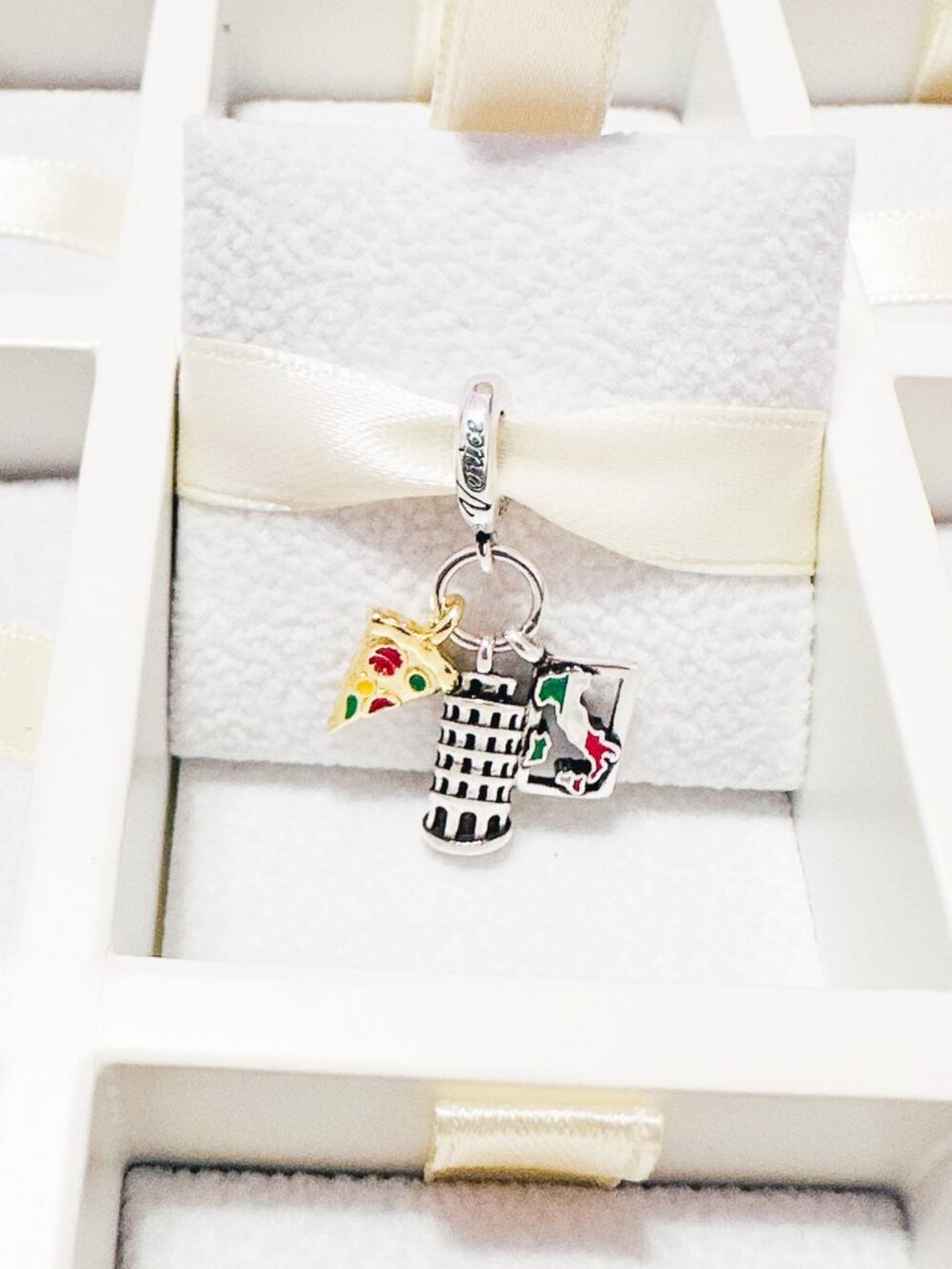 925 Sterling Silver Italy Map, Leaning Tower Of Pisa And Pizza Dangle Charm